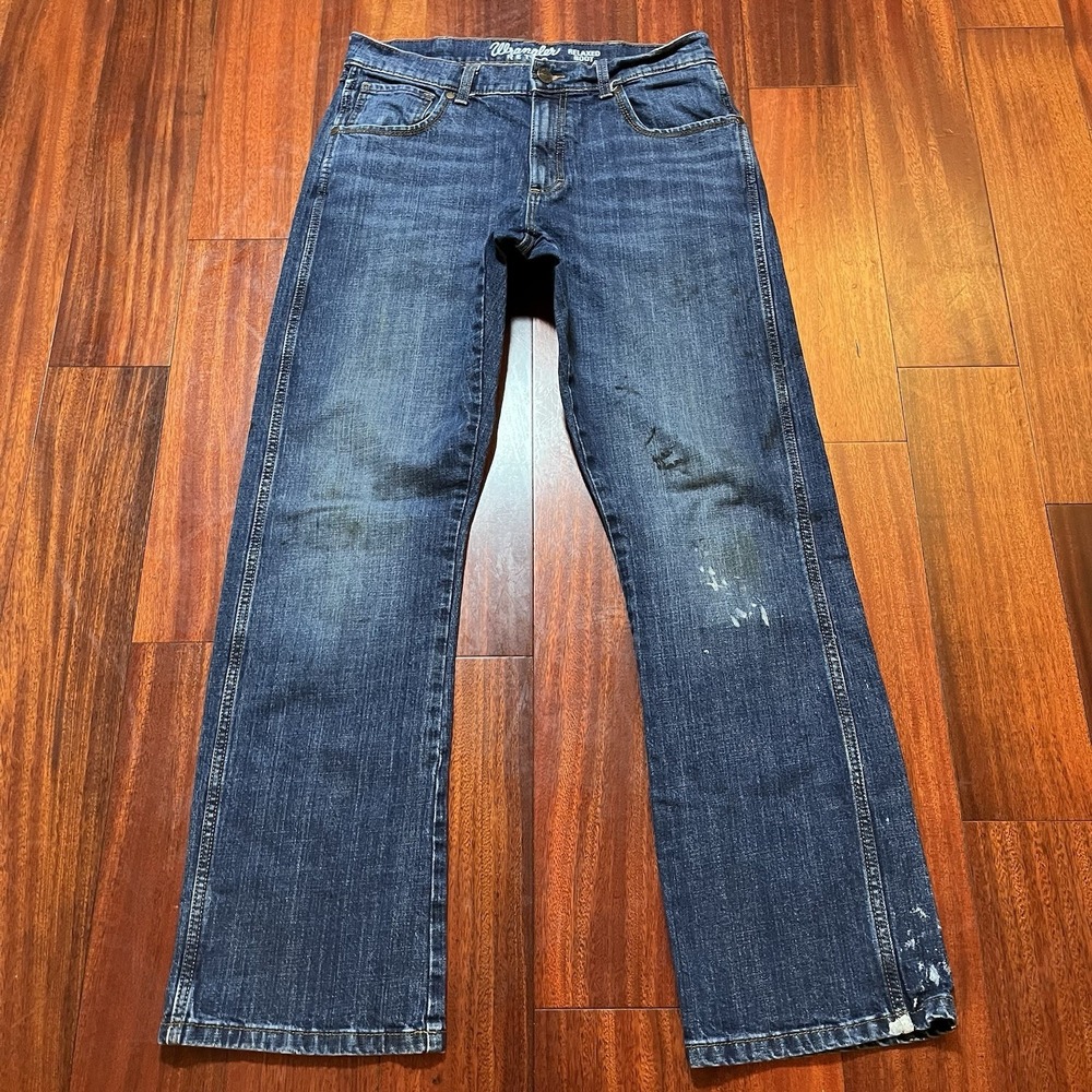 Wrangler Retro Relaxed Boot Jeans Mens 32x34 Blue Dark Wash Paint Splatter 32x32